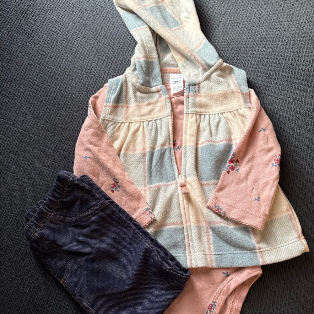 Carter's Pastel Striped Jacket with Floral Onesie and Navy Pants